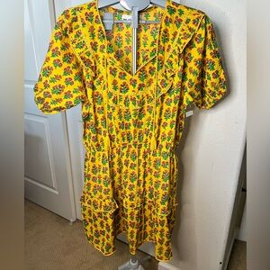 Maisie Tie Neck Floral Mini Dress Size Large Yellow Floral 100% Cotton
